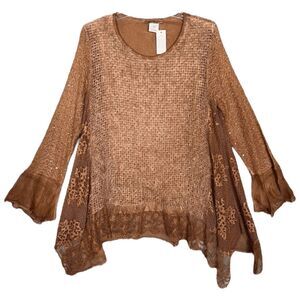 Indigo Thread Boho Tunic Top M Brown Swing Flare Lace Whimsical Forest Fairy NWT